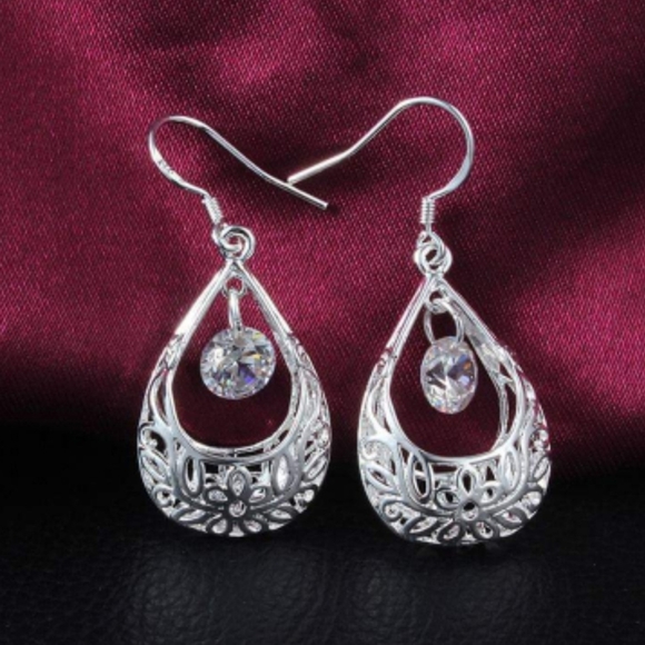 Sterling Silver Teardrop CZ Earrings - Picture 2 of 2
